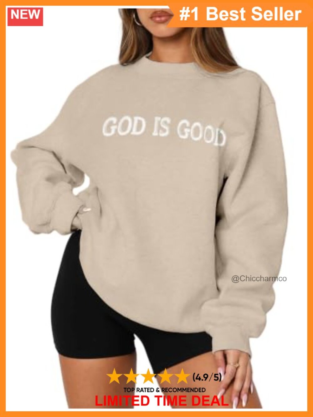 Oversized Crewneck Fleece Sweatshirt Embroidered God Is Good Pullover